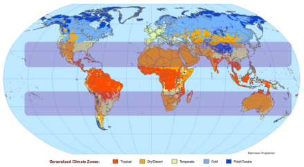 Zones climatiques terrestres. En mauve sont figurées les deux grandes ceintures désertiques liées à la présence d’anticyclones dynamiques permanents. Source : www.flickr.com