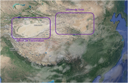 Déserts du Taklamakan (à gauche) et de Gobi (à droite). Source : Google Earth.