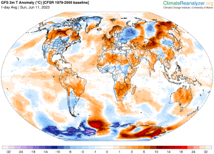 Figure 2 : anomalie de la température de l’air à 2m (par rapport à la norme 1970 à 2000) du 11 juin 2023. Source : ClimateReanalyzer.org, modèle GFS