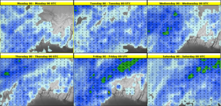 Figure 3 : prévision du cumul de précipitations journalier entre dimanche 18 juin et vendredi 23 juin 2023. Les chiffres indiquent les quantités correspondant à la plage de couleur en mm. Le titre en jaune correspond à la fin de la période d’accumulation (p.ex. « Monday 00 UTC » correspond au cumul de précipitations sur 24 h jusqu’à lundi minuit, cela correspond donc aux précipitations de dimanche). Source : modèle IFS, run du 16 juin à 06 UTC. 