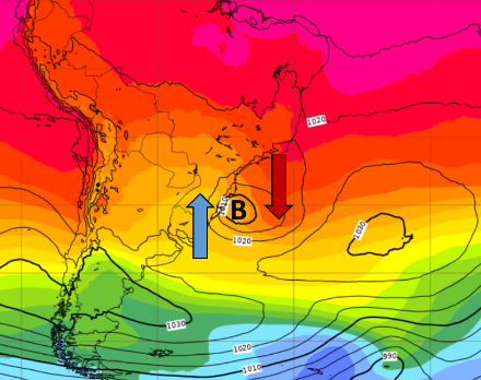 Figure 2 : Distribution de la pression (lignes noires) et de la température moyenne entre le niveau de la mer et environ 5500 m (en couleurs, bleu vers le froid et rouge vers le plus chaud) le 16 juin 2023 à 12 UTC. Le « B » montre le centre de la dépression. Source : modèle IFS du ECMWF.