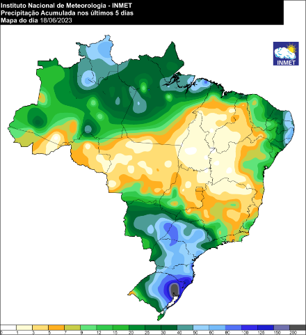 Figure 3 : cumul de précipitations entre le 14 et 18 juin 2023 (en mm) au Brésil. Source : institut national de météorologie du Brésil (INMET), https://tempo.inmet.gov.br