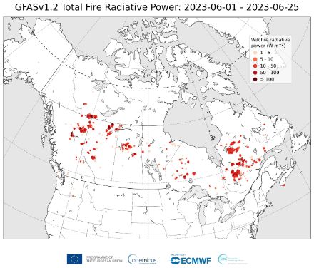 Figure 4: puissance radiative moyenne émise par les feux de forêts entre le 1er et le 25 juin 2023. Source : Copernicus