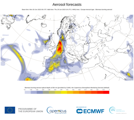 Figure 3 : comme la Figure 2, mais la prévision pour jeudi 29 juin à 18 UTC (20 h locale).