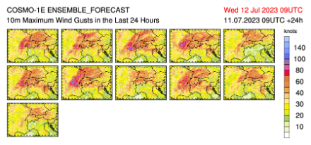 Figure 3 : prévisions des rafales maximales du modèle COSMO-1E entre mardi 12 juillet à 11 h et mercredi 13 juillet à 11h locale. Les 11 vignettes représentent 11 scénarios possibles.