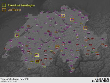 Carte des températures maximales (en °C) mesurées le mardi 11 juillet 2023.