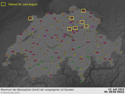 Carte des rafales de vent maximales mesurées le mardi 11 juillet 2023.