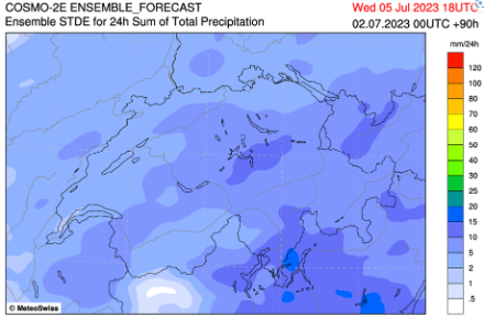 Ecart-type des cumuls prévus pour le mercredi 5 juillet à 18 UTC. Les Alpes centrales, les Grisons et le Tessin sont les régions les plus exposées aux orages ce jour-là, comme on l’a vu sur la carte de la médiane. La carte de l’écart-type nous montre en revanche que les quantités attendues sont très incertaines, de plus ou moins 5 à 20 mm selon les régions. 