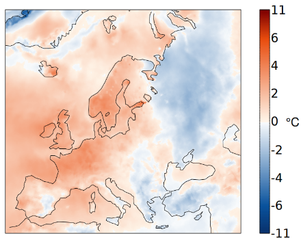 Carte de l'Europe avec les anomalies de température par rapport à la norme 1991-2020