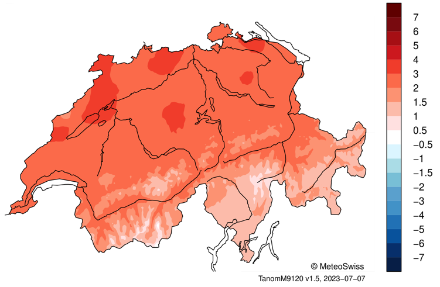 Carte de la Suisse montrant les anomalies de température en juin 2023 par rapport à la norme 1991-2020