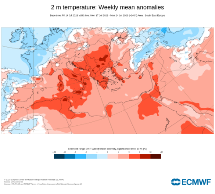 Anomalie de température à 2 mètres par rapport à la moyenne pluriannuelle entre le 17 et le 24 juillet 2023.