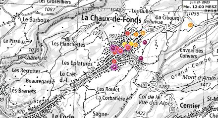 Etat des observations météo partagées dans l'App vers 12h sur La Chaux-de-Fonds.