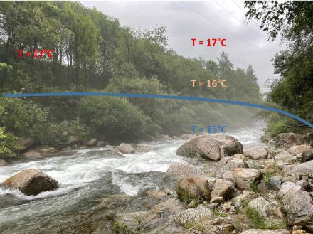 Fig.3. Répartition de la température de l'air dans le lit du Tessin à Faido, 24.07.2023.