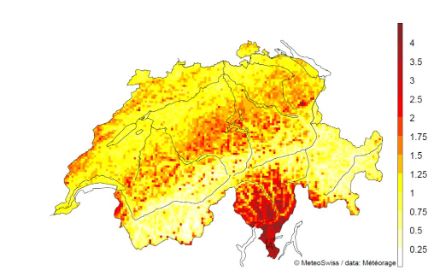 Nombre d’impacts de foudre par année et par kilomètre carré en Suisse pour la période 2000 à 2020. Seuls les éclairs principaux sont comptabilisés et non les éclairs secondaires.