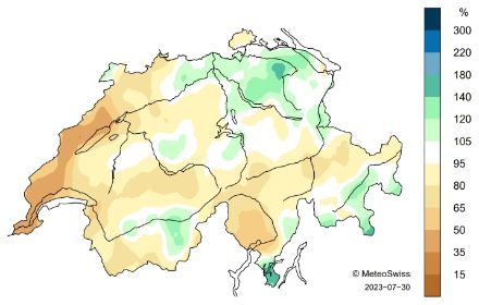Carte de la Suisse sur la répartition des précipitations en juillet.