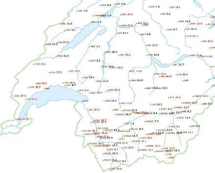 Quantités de précipitations relevées dans nos stations de mesures entre jeudi 29 à midi et vendredi 30 juin à minuit. 