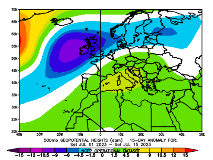 Anomalie de géopotentiel à 500 hPa du 01.07 au 15.07 