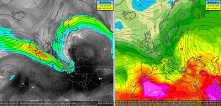 À gauche : représentation du courant-jet (plages colorées) par le modèle européen à l’altitude de 300 hPa (environ 9000 m). Le courant jet dessine un méandre qui s’étend jusque sur la Grèce. A droite : représentation des températures vers 1500 m. Au nord du courant-jet, les températures sont nettement plus froides (dans les verts) qu’au sud (orange à violet). Le courant-jet sera le plus au sud probablement dans la nuit de samedi à dimanche, puis il remontera vers le nord les jours suivants.