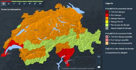 Carte d’avertissement de MétéoSuisse du dimanche 20 août 2023.