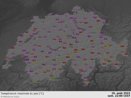 Carte des températures maximales mesurées le samedi 19 août 2023.