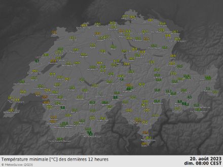 Carte des températures minimales mesurées le dimanche 20 août 2023.