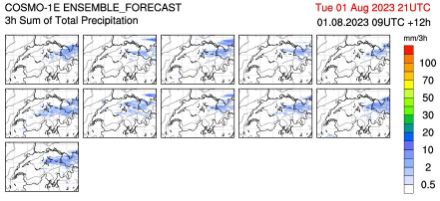 Figure 2. Prévisions ensemblistes du modèle COSMO-1E du 1er août à 09 UTC, modélisant les précipitations le 1er août 2023 entre 20h00 et 23h00. Tous les membres donnent un temps sec en Suisse romande et en Valais. La zone de précipitations visible sur le nord-est de la Suisse se décalera de plus en plus en direction de l’est. 