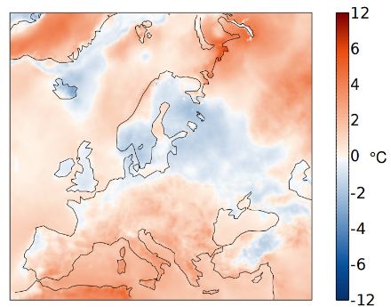 Modèle spatial sur l'Europe de l'anomalie de la température moyenne mensuelle pour juillet 2023 par rapport à la norme 1991-2020.