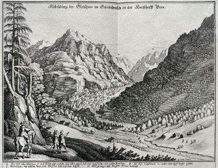 Première représentation connue du glacier inférieur de Grindelwald (avant 1642) par Joseph Plepp/Matthäus Merian.