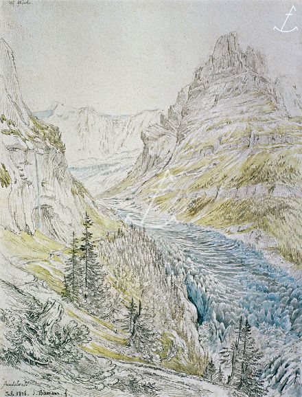 Le glacier inférieur de Grindelwald avec ses séracs (tours de glace glaciaire) de l'époque, dessinés en juillet 1826 par Samuel Birmann sur le chemin menant à Bäregg.