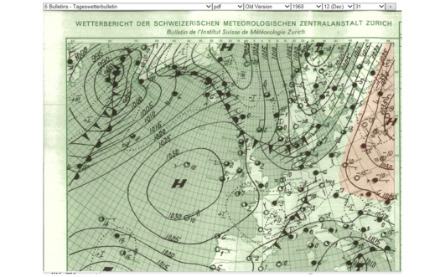 Cette carte tirée des archives de MétéoSuisse permet de distinguer une portion de l’anticyclone détenteur du record du monde centré sur la Sibérie (en rouge). Comme on le voit, malgré des pressions très élevées (ce qui est le cas également de l’anticyclone des Açores à 1030 hPa, au centre de l’image), les isobares sont très espacées près du centre anticyclonique en raison de la limite théorique à leur resserrement en fonction du rayon de courbure. 
