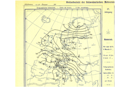23 janvier 1907 : un des plus puissants anticyclones sibériens sur les cartes d’archives de MétéoSuisse. À noter que la pression est donnée en mm de mercure ; la pression centrale de 795 dessinée ici correspond à 1060 hPa. En réalité, cet anticyclone a été mesuré à 1067 hPa, ce qui constitue un record pour l’Europe. On estime que la pression a dépassé 1060 hPa en Europe seulement à 15 reprises entre 1869 et 2023. Ici encore, plus on se rapproche du centre, plus les isobares sont espacées, conformément à la limite théorique révélée par l’équation des vents de gradient.