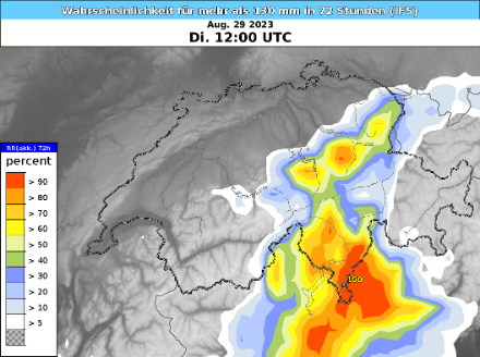 Probabilité d'atteindre 130 mm entre samedi midi et mardi midi selon le modèle IFS : le modèle IFS du centre européen montre que la probabilité d'atteindre 130 mm de précipitations dans les zones averties est de 40-70%, localement jusqu'à 90%.