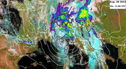 Lundi, la Suisse se trouvait dans la zone d'influence de la dépression Rea, située sur le golfe de Gênes. L'image satellite est ici superposée à la pression atmosphérique au niveau de la mer et au radar des précipitations