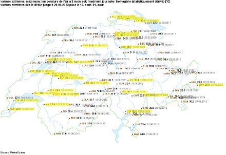 Carte des records de température pour une deuxième quinzaine d'août