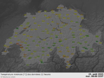 Carte des températures mesurées entre le 22 août à 20 h et le 23 août à 08 h.