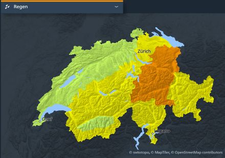 Figure 1. Dans les Alpes centrales et orientales, de nombreuses régions sont en alerte pluie de niveau 3 (situation vendredi 25.08.2023 15h).