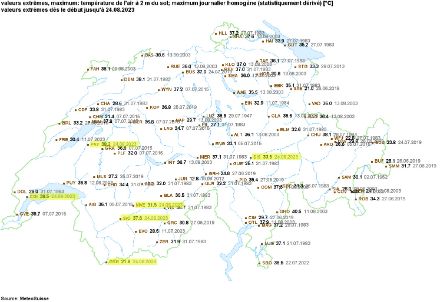 Carte des températures maximales les plus élevées tous mois confondus.