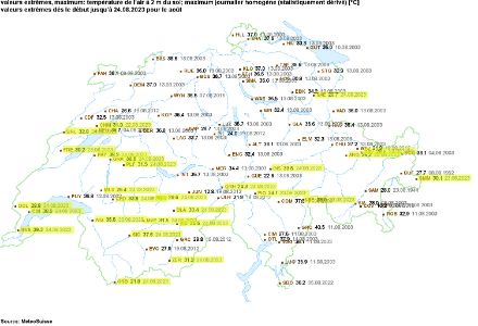 Carte des températures maximales les plus élevées mesurées en août.