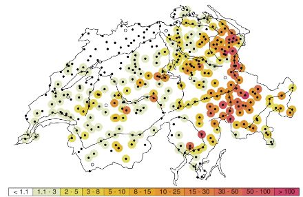 Carte de la Suisse avec indications en couleur de la période de retour sur les sites de mesure.