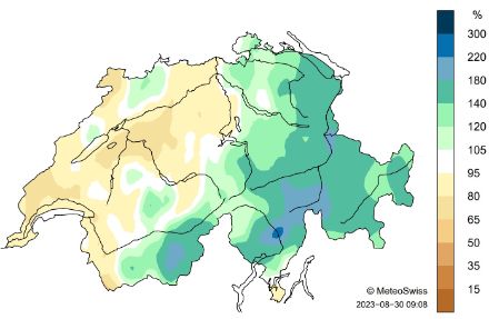 Carte de la Suisse sur la répartition des précipitations du mois d'août.