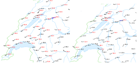 Figure 4 : direction et vitesse du vent moyen (barbule) et rafale (chiffre) en km/h le 2 août à 17:50 (à gauche) et le 3 août à 04:20 (à droite). Les barbules montrent d’où le vent vient, un grand trait correspond à 10 nœuds et un petit trait à 5 nœuds (1 nœud = 1.85 km/h). Par exemple sur l’image de gauche pour Genève, le vent était de secteur sud-ouest à 25 nœuds (env. 45 km/h) avec une rafale à 83.9 km/h.