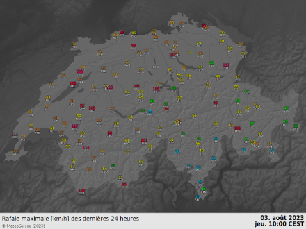 Figure 2 : rafales maximales (en km/h) mesurées entre mercredi 2 août à 10 h et jeudi 3 août à 10 h locale. Source : MétéoSuisse