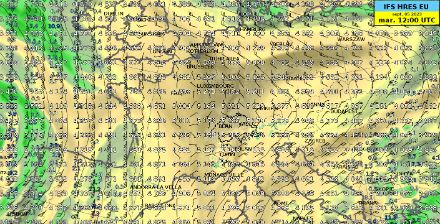 Figure 2 : altitude de l'isotherme du 0 °C (chiffre en blanc) le mardi 05 septembre à 12 UTC (14 h locale).