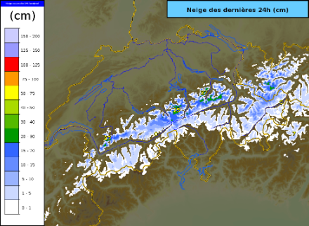 Estimation de la hauteur de neige fraîche (en cm) des dernières 24h obtenue en combinant les données des radars météorologiques aux quelques mesures réalisées aux stations.