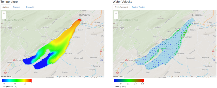 Température (à gauche) et force et direction des courants de surface (à droite) du lac de Bienne le 2 août au soir.