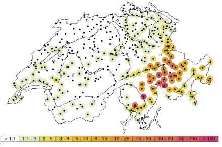 Période de retour par station en années des quantités de précipitations cumulées sur une période de 48 heures entre samedi 26 août et lundi 28 août 2023