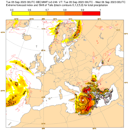 Extreme Forecast Index présentant la probabilité de dépasser les cumuls de précipitations du quantile 99 de la distribution climatologique pour chaque point de grille. (ECMWF)