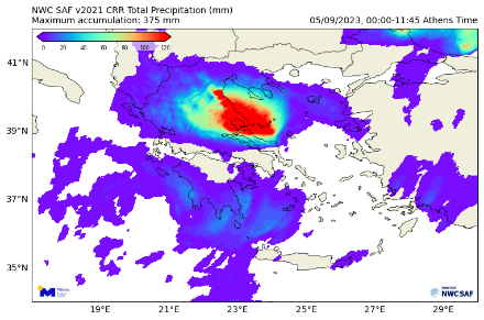 Figure 4 : Cumuls (en mm) estimés par satellite avant la fin de l'événement de fortes précipitations. (Eumetsat & Meteo.gr)