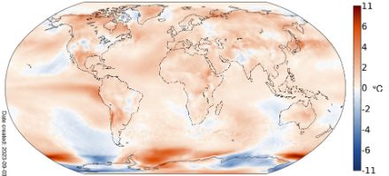 Carte de la température en été boréal 2023 (moyenne de juin à août)