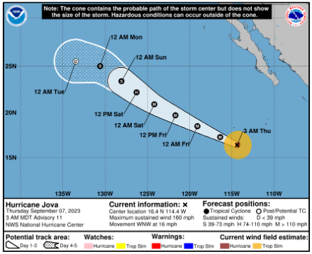 Figure 3. Trajectoire prévue de l’ouragan JOVA avec le cône d’incertitude. Source : National Hurricane Center (NHC)